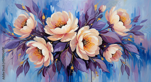 Abstract acrylic painting of peach flowers and purple leaves 3D Wall Mural. floral landscapes. 3d floral art, floral wallpaper, Luxurious textile tile wall art
