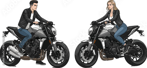 Man and woman riding modern sport motorcycles together urban lifestyle adventure transport isolated detailed vector illustration on white background design