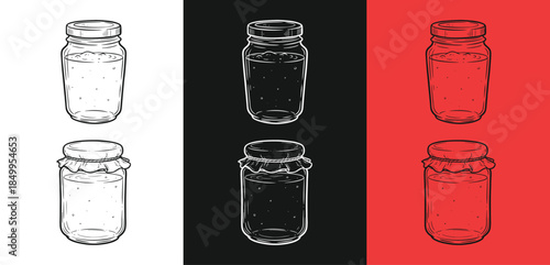 Illustration of six glass bottles in black white and red color blocks