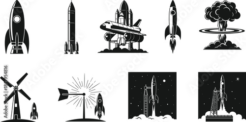 Space rocket launch silhouette collection featuring spacecraft shuttles missions explosions technology isolated black vector illustration set on white background design