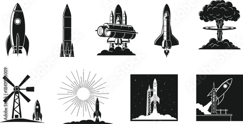 Rocket and space launch silhouettes set featuring spacecraft shuttles explosions missions technology isolated black vector illustration on white background design