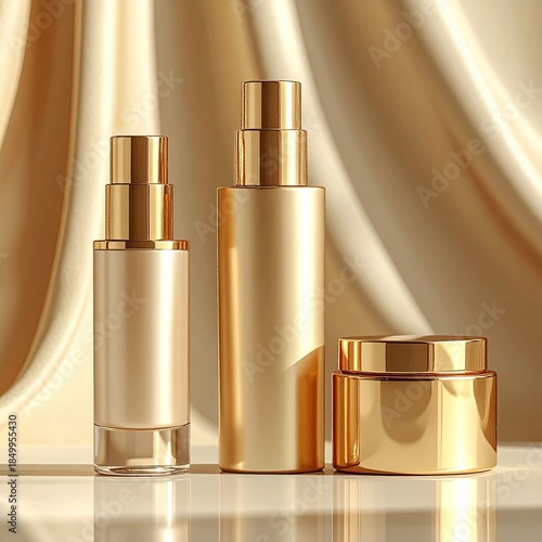 Luxurious gold cosmetic bottles and jar on a soft beige silk backdrop