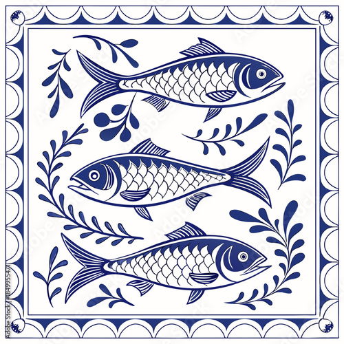 Traditional Portuguese Azulejo tile with three stylized sardines and botanical border.
