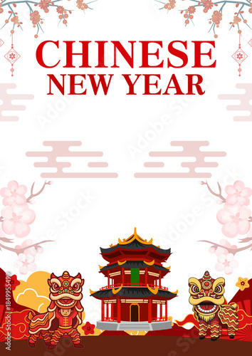 PNG image of Vibrant chinese new year celebration graphic featuring traditional lion dance performers a pagoda and blooming cherry blossoms on black on white background