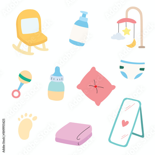 Cute newborn room objects doodle isolated vector collection set. Pastel color of diaper, rattle, blanket, chair for nursery, children book, design