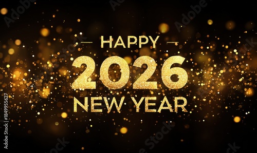 Golden Glitter Happy 2026 New Year Celebration Background with Bokeh Lights