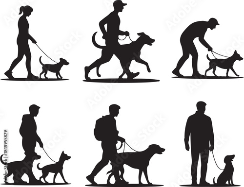 Dog Walking Silhouette Icon Set