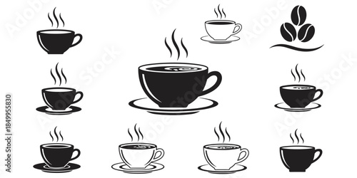 Coffee cup icons, black and white coffee illustrations, steaming mugs, latte art, beans, cafe branding, flat vector illustration