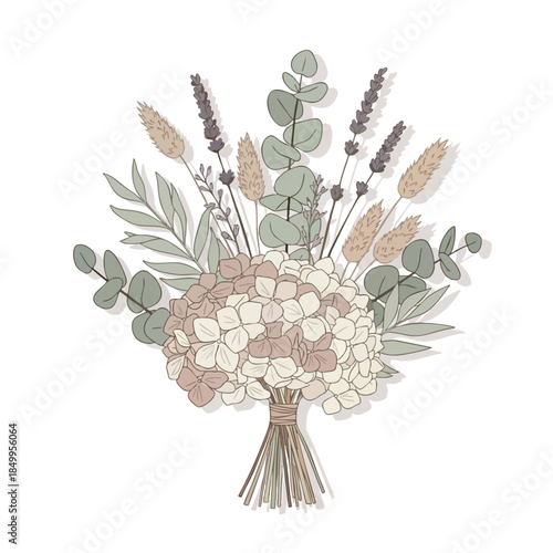 A hand-drawn floral bouquet, featuring hydrangeas, eucalyptus, and other dried elements