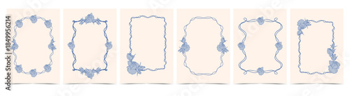 Vintage hand drawn floral frame set. Trendy coquette border with blue roses. Botanical design template for Valentine’s Day, wedding invitation, birthday card, print, holiday poster