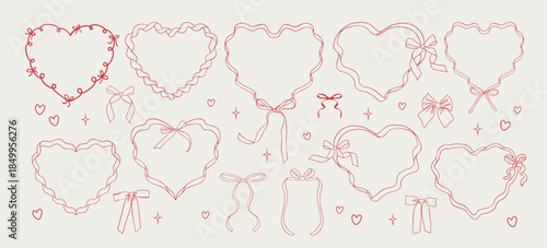 Doodle hand drawn coquette ribbon frames with hearts, wavy lines, and bows. Trendy vintage whimsical borders for Valentine's day, wedding invitations, birthday card, prints, menu. Vector illustration