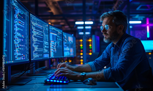 IT Specialist Working on Coding and Software Development at Night in Data Center with Multiple Monitors and Technical Equipment, Professional in Blue Ambient Light, Focused on Programming