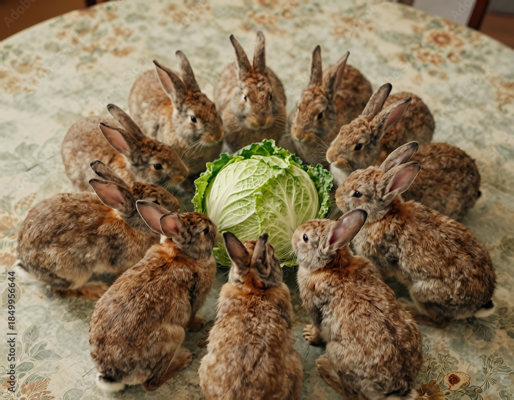 Obraz premium Rabbits gather around cabbage on table