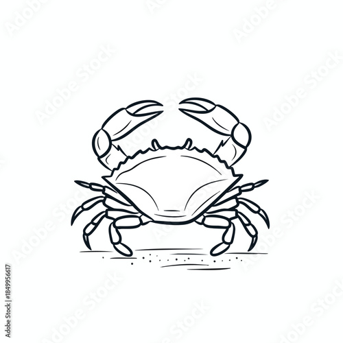 Line art illustration of a crab with large claws and multiple legs