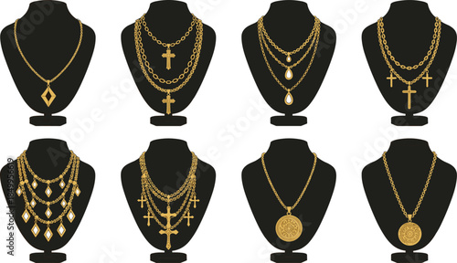 Luxury gold necklace collection display on black mannequin busts featuring chains pendants crosses coins elegant jewelry vector illustration set