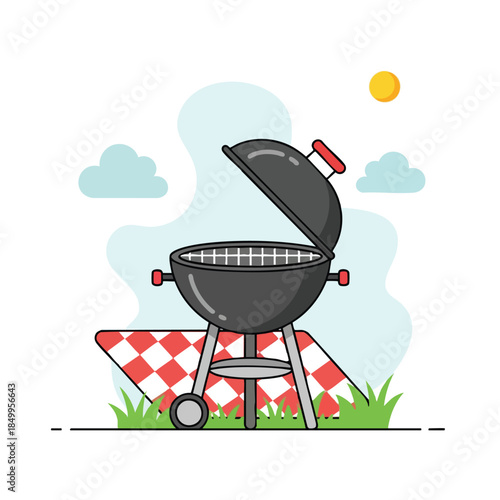 A black BBQ grill, set up for a cookout, with clouds, sun, and picnic setting
