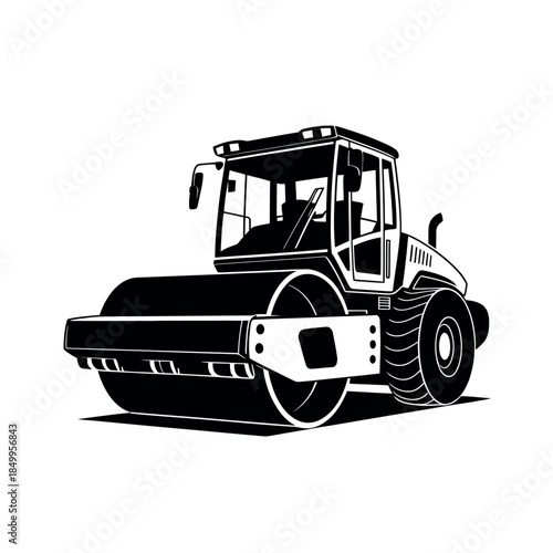 A heavy-duty steamroller is illustrated in a stark black and white graphic style.