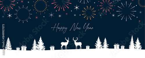 happy new year banner with fireworks and forest landscape with deer couple vector illustration