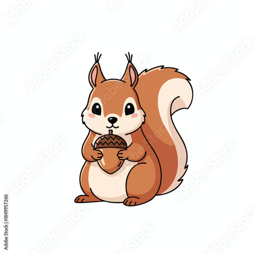 Cartoon squirrel holds a large acorn, colored in brown and cream, on a white background
