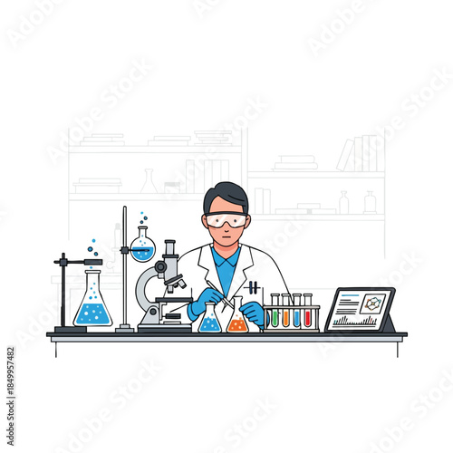 A scientist in a lab coat studies liquids with tools and equipment in a lab