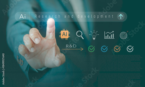 Businessman using AI in research and development for new product software design, driving innovation, technology advancement, market competitiveness, sustainable business growth through R&D strategy
