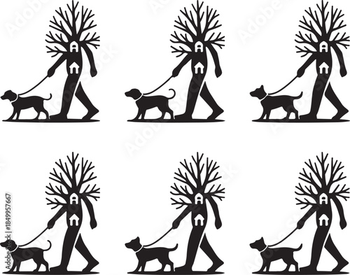 Dog Walking Silhouette Icon Set