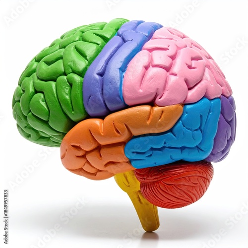 Colorful anatomical model of a human brain, showcasing the different lobes.  The brain is depicted in profile view, with sections of various colors.  It is a clear and detailed illustration