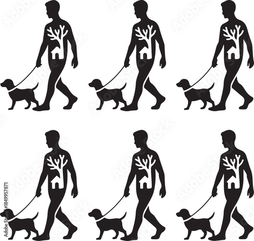 Dog Walking Silhouette Icon Set