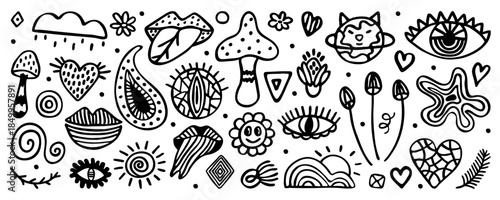 Black line psychedelic doodle hand drawn set. Monochrome outline isolated signs. Mushrooms, lips, eyes, hearts, suns, clouds, abstract shapes. Vector groovy retro cliparts