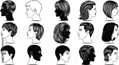 Diverse Profile Head Silhouettes and Line Art Illustrations Representing Gender, Ethnicity, Identity, Hairstyle, and Human Variety in Design