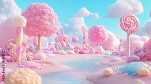 A colorful pastel landscape filled with delicious, tempting sweets and candies. The dreamlike scene features pink and blue cotton candy marshmallows in a vibrant 3D design.