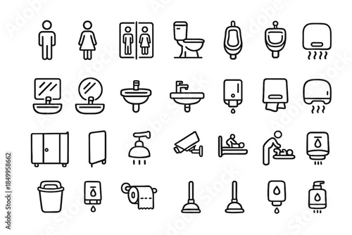 Bathroom icons set: restroom, sink, shower, toilet, hygiene, baby changing