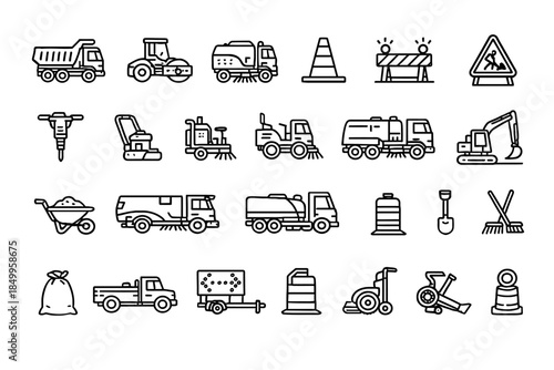 Outline icons of construction vehicles and equipment for roadwork maintenance