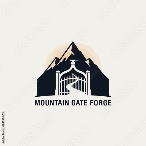 Mountain Gate Forge Logo Design with Majestic Peaks and Ornate Entrance.