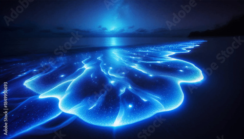 Bioluminescent tide with a soft, mesmerizing blue glow that mimics the movement of the water. Suitable for atmospheric scenes, SPA visualization and art projects. Vector graphics. EPS_04.
