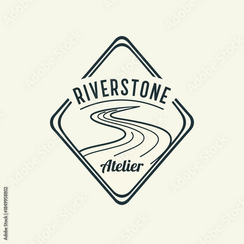 Riverstone Atelier logo design with winding road illustration.
