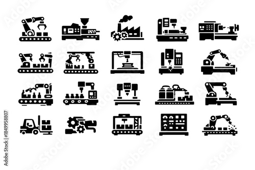 Collection of industrial machines and equipment icons in silhouette style