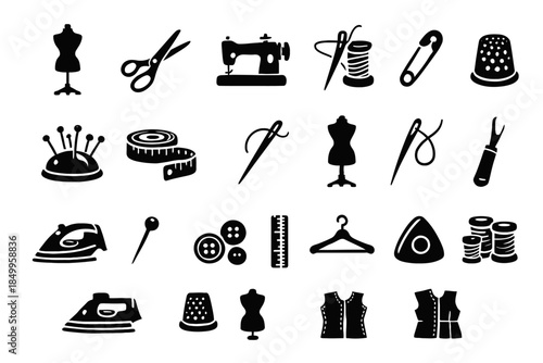 Sewing tools collection: scissors, sewing machine, needle, thread, buttons, measuring tape, iron