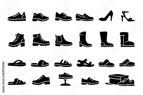 Collection of various footwear silhouettes including boots and sandals