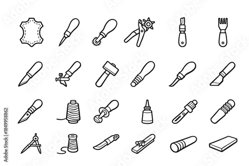 Collection of leatherworking tools: knives, awls, threads, punches, scissors, stamps, stitching