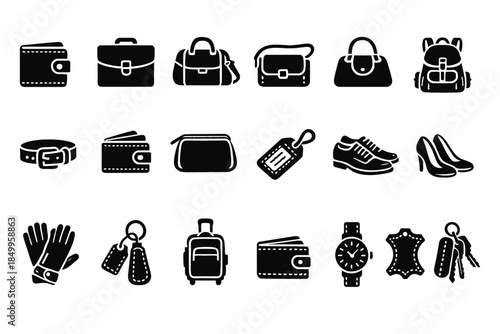 Stylish black silhouette icons of bags, accessories, and footwear