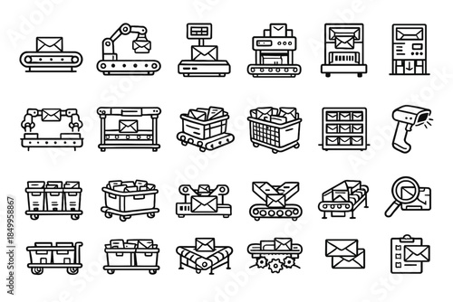 Set of mail processing and sorting icons: machines, conveyor belts, barcodes, and envelopes