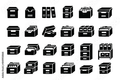 Silhouette icons of file storage solutions: boxes, cabinets, folders