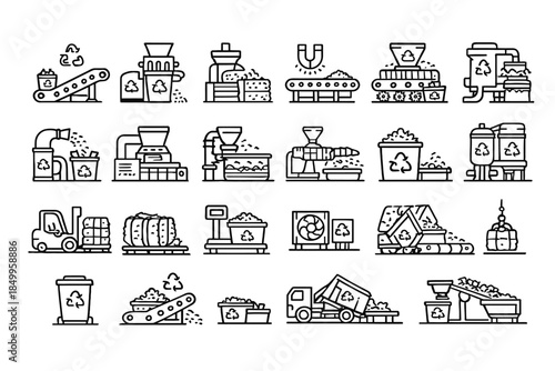 Recycling process icon set: machines and equipment for waste management