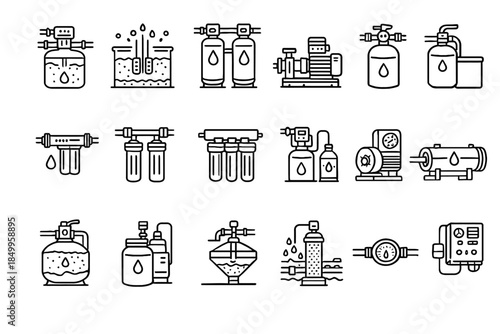 Set of water filtration system icons in black and white line style