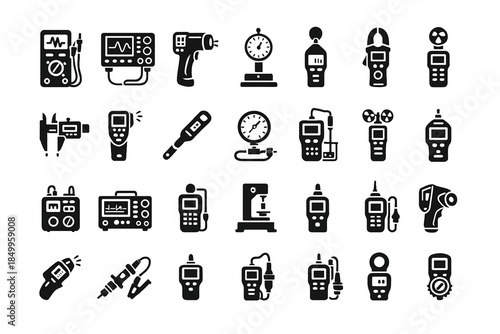 Set of measurement tools icons including multimeters and oscilloscopes