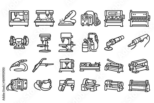 Industrial machines icons: drill, welder, lathe, cnc, grinder, saw