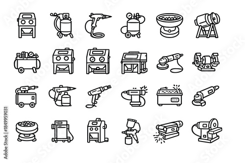 Collection of industrial icon set featuring various machinery and equipment