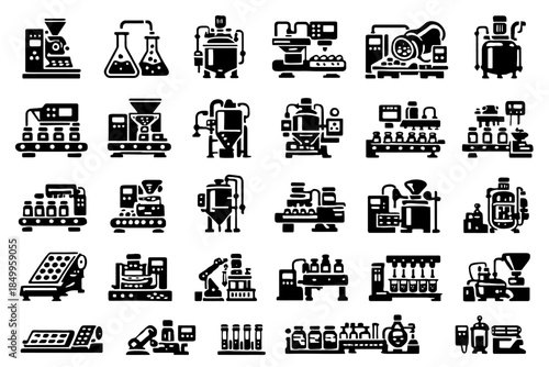 Black and white industrial icons featuring robots and laboratory equipment