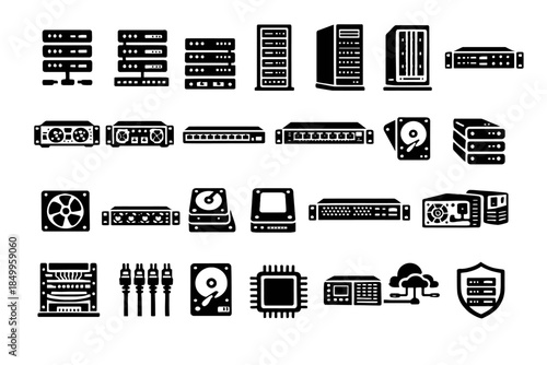 Set of black server and hardware icons representing data and network equipment